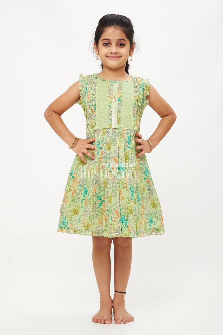 The Nesavu Girls Cotton Frock Elegant Sleeveless A-Line Cotton Dress with Floral Prints - Green Nesavu 22 (4Y) / multicolor GFC1352A-22 Elegant Sleeveless A-Line Cotton Dress with Floral Prints - Nesavu | Green