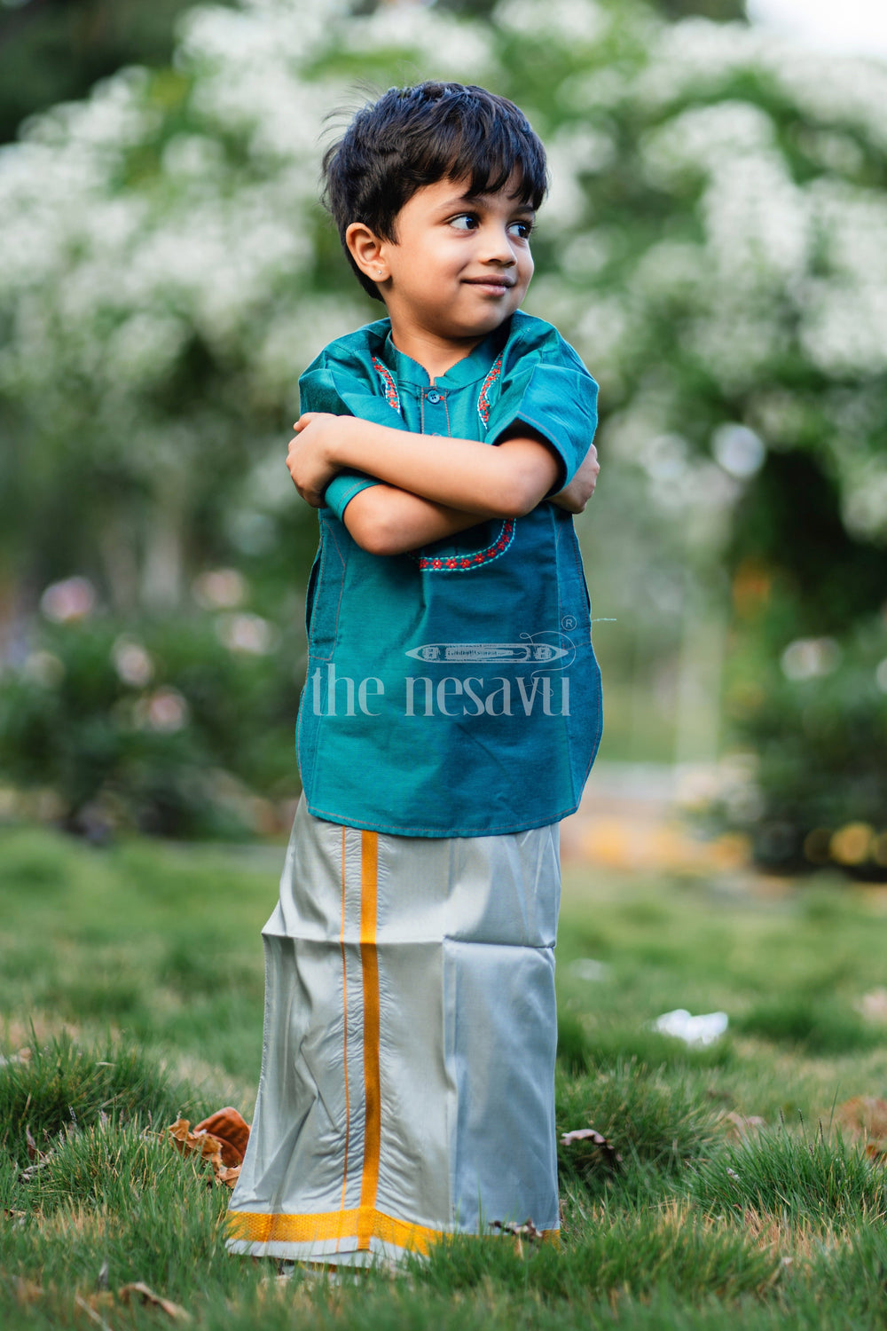 The Nesavu Boys Kurtha Shirt Elegant Teal Boys Kurta Shirt with Embroidered Placket - Perfect for Festive Occasions Nesavu Elegant Teal Boys Kurta Shirt with Embroidered Placket | Perfect for Festive Occasions | The Nesavu