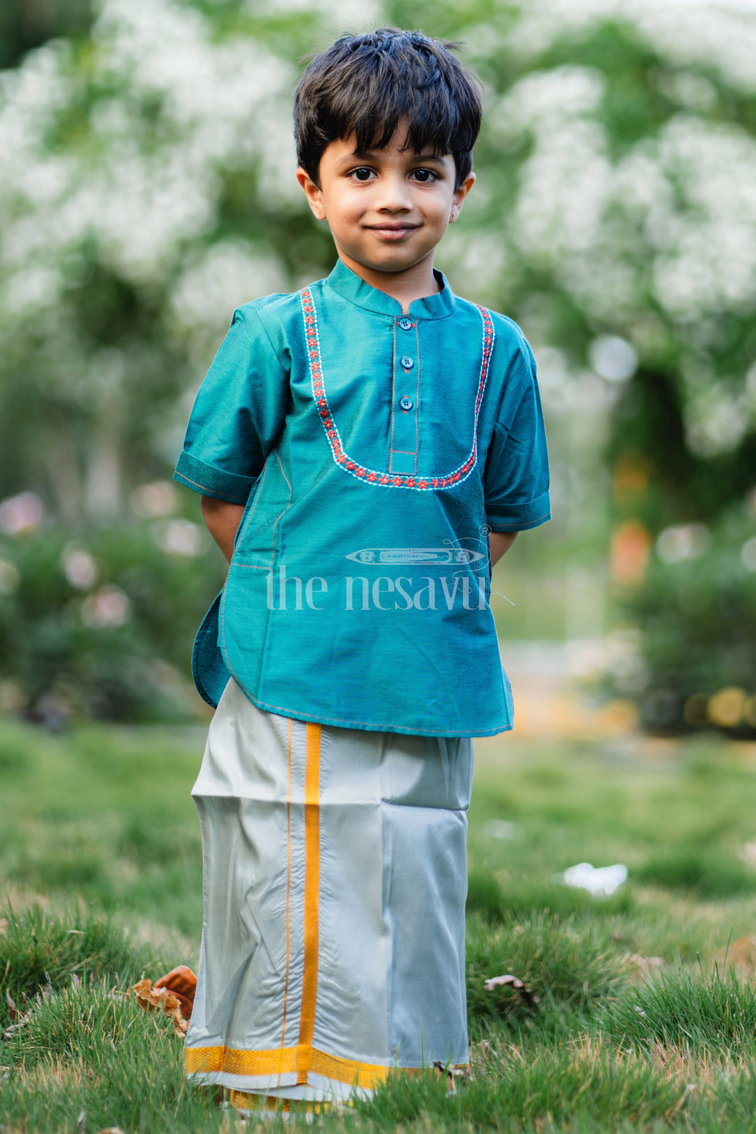 The Nesavu Boys Kurtha Shirt Elegant Teal Boys Kurta Shirt with Embroidered Placket - Perfect for Festive Occasions Nesavu Elegant Teal Boys Kurta Shirt with Embroidered Placket | Perfect for Festive Occasions | The Nesavu