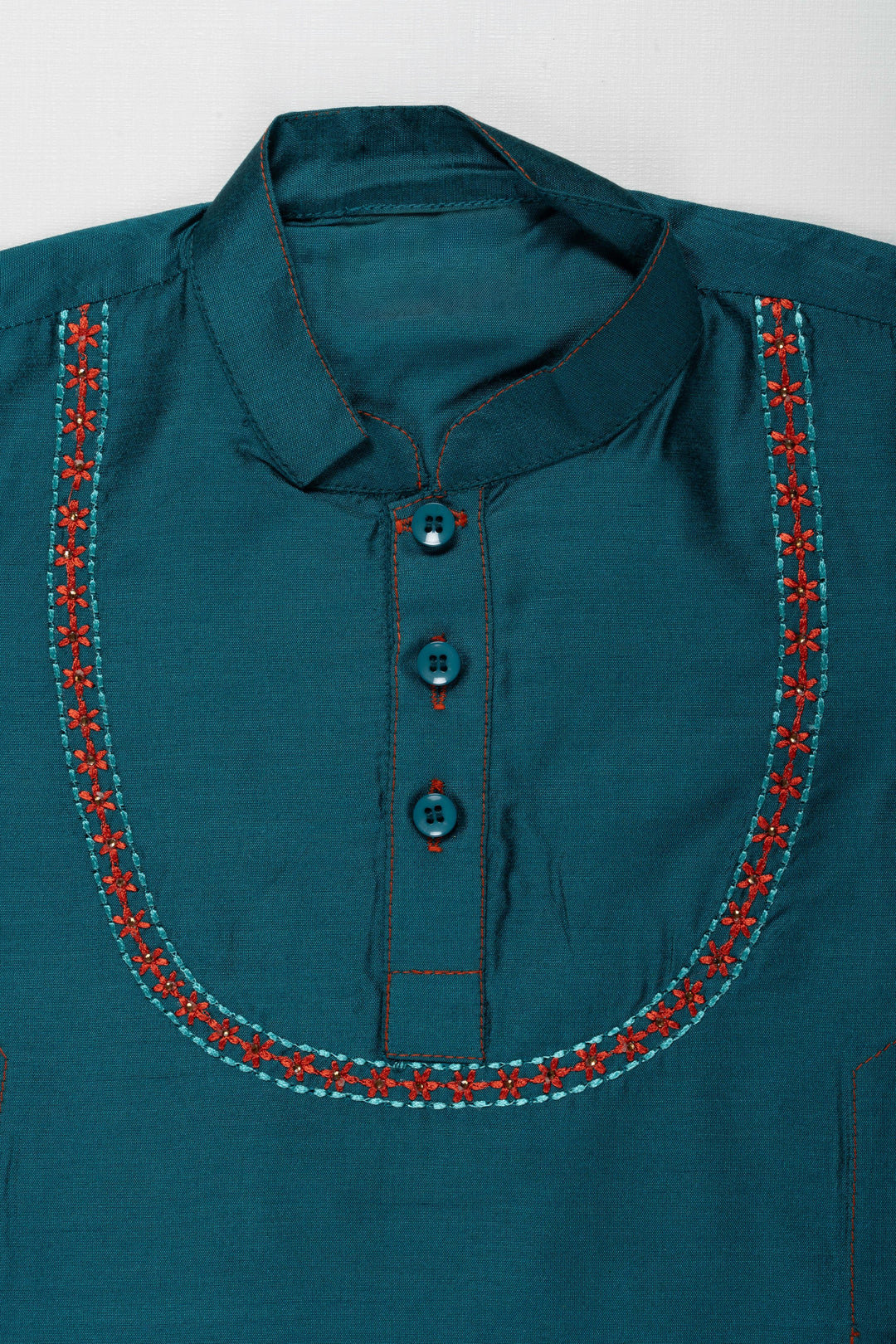 The Nesavu Boys Kurtha Shirt Elegant Teal Boys Kurta Shirt with Embroidered Placket - Perfect for Festive Occasions Nesavu Elegant Teal Boys Kurta Shirt with Embroidered Placket | Perfect for Festive Occasions | The Nesavu