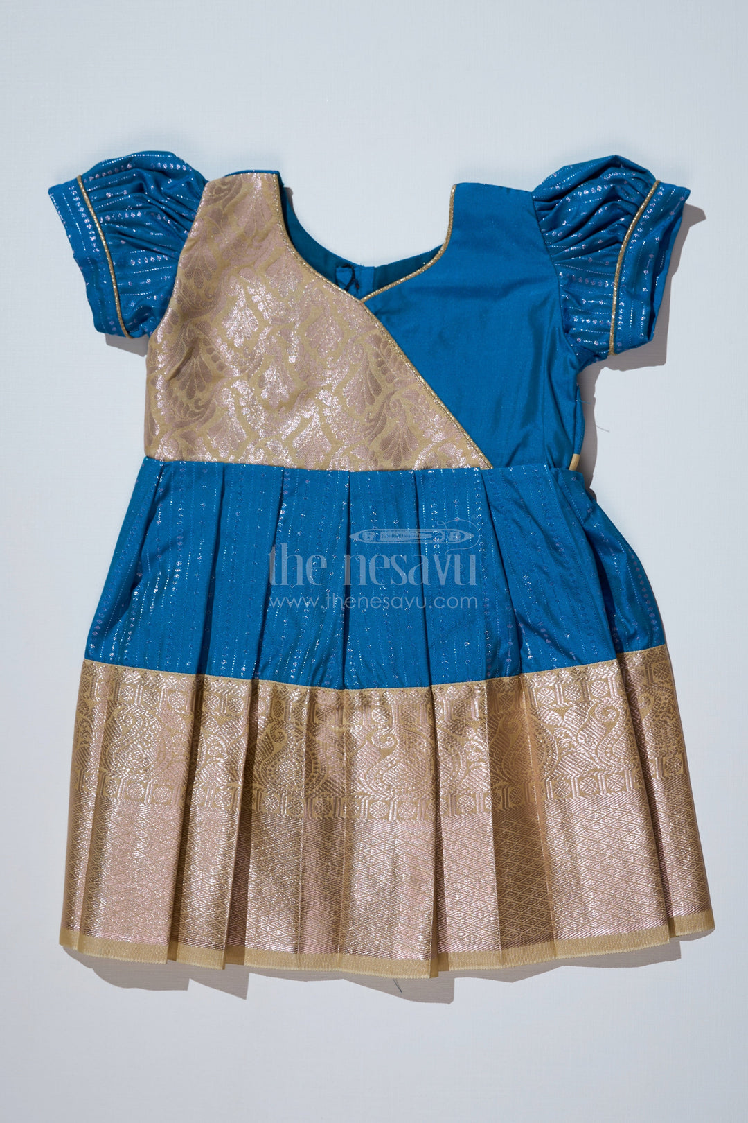 The Nesavu Girls Kanchi Silk Frock Elegant Teal Silk Dress for Girls with Kanchipuram Inspired Fabric and Gold Zari Pleated Border Nesavu 14 (6M) / Teal / Style 1 SF823DA-14 Teal Silk Dress Girls Kanchipuram Inspired Fabric Gold Zari Pleated Border | The Nesavu