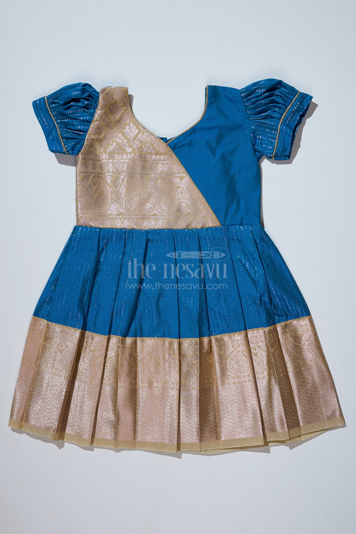 The Nesavu Girls Kanchi Silk Frock Elegant Teal Silk Dress for Girls with Kanchipuram Inspired Fabric and Gold Zari Pleated Border Nesavu 18 (2Y) / Teal / Style 2 SF823DB-18 Teal Silk Dress Girls Kanchipuram Inspired Fabric Gold Zari Pleated Border | The Nesavu