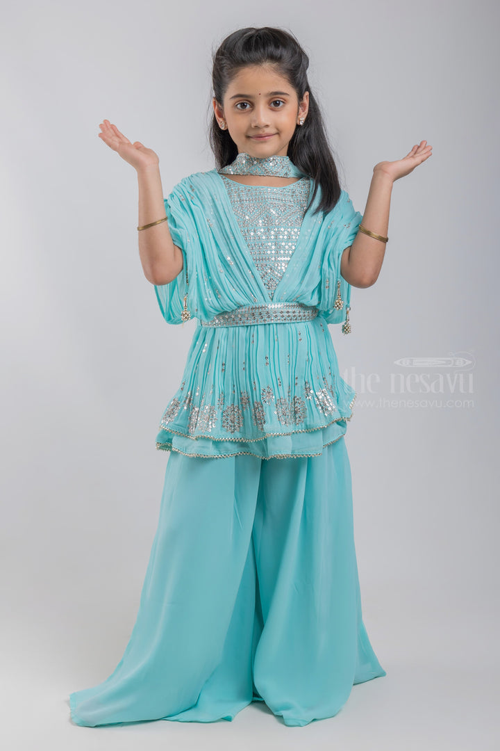 The Nesavu Girls Sharara / Plazo Set Elegant Turquoise Floral Designer Embroidery Tunic Tops And Palazzo Suit Set For Girls psr silks Nesavu