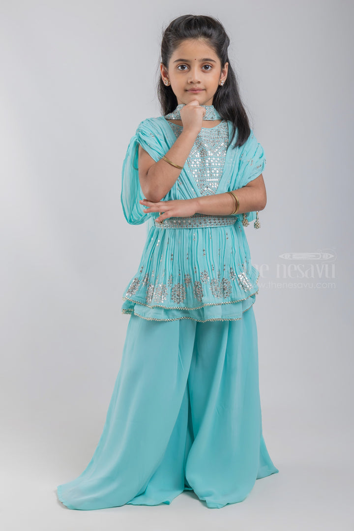 The Nesavu Girls Sharara / Plazo Set Elegant Turquoise Floral Designer Embroidery Tunic Tops And Palazzo Suit Set For Girls psr silks Nesavu