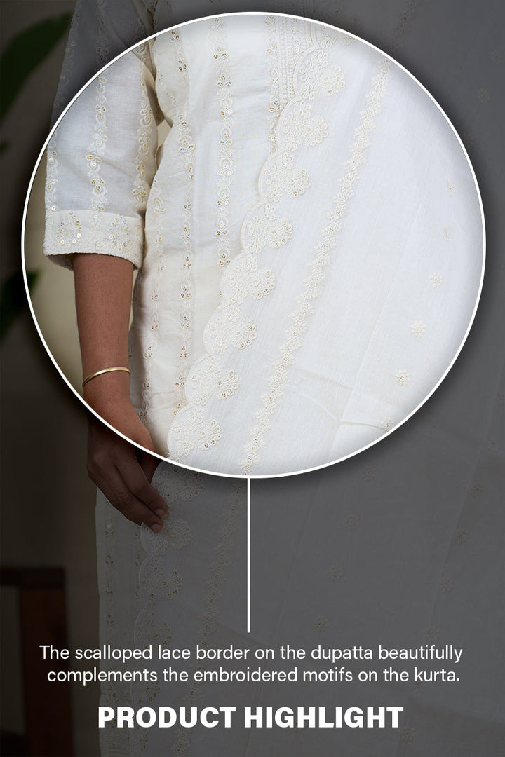 The Nesavu Womens Straight Suit Sets Elegant White Chikankari Cotton Salwar Kameez Set with Embroidered Dupatta Nesavu White Chikankari Cotton Salwar Kameez Set Embroidered Kurta with Dupatta | The Nesavu