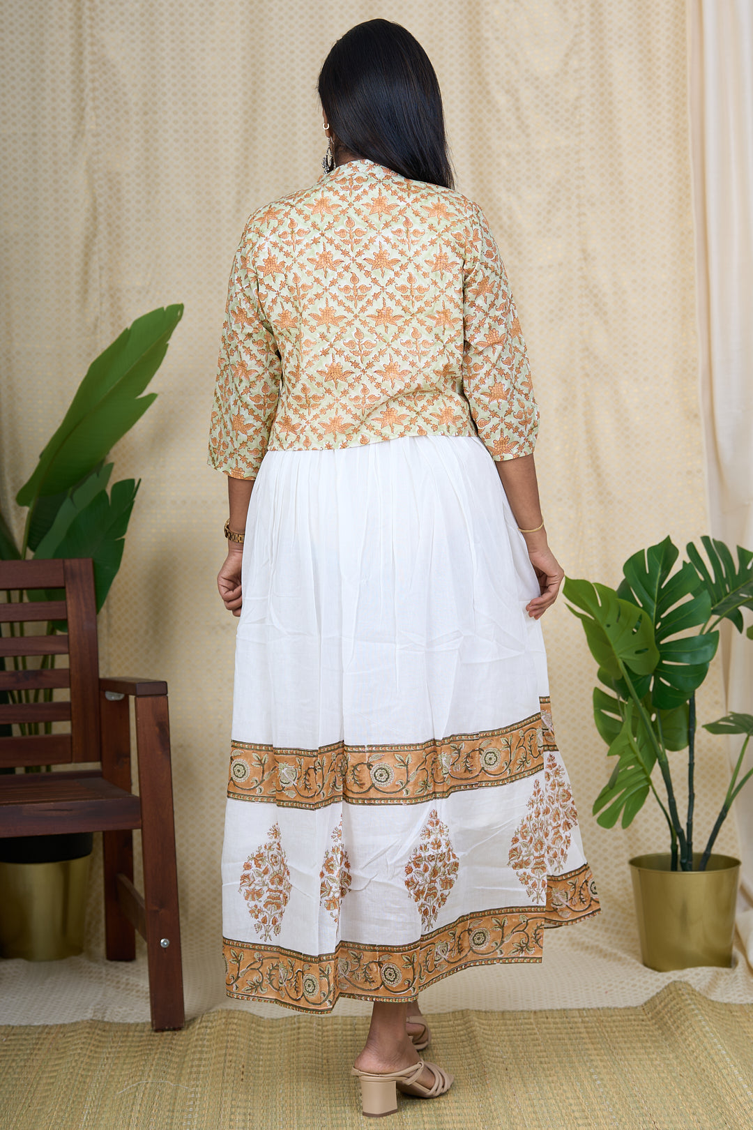 The Nesavu Womens Flared Kurthas Elegant White Cotton Gown with Hand Block Print and Jacket Nesavu White Cotton Gown for Women with Jacket | Hand Block Printed One Piece