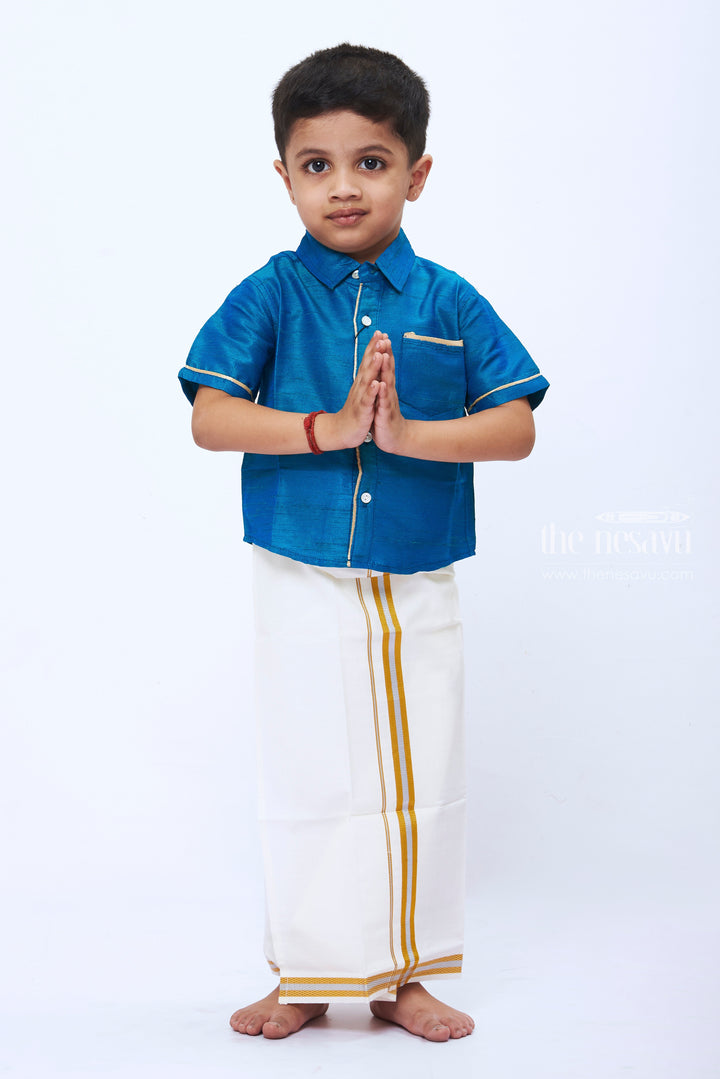 The Nesavu Boys Vesti Elegant White Dothi with DualTone Gold Border Boys Traditional Attire Nesavu 12 (3M) / White / Cotton D007-12 Boys Traditional White Dothi with Dual Tone Gold | Ethnic Wear for Festive Occasions | The Nesavu