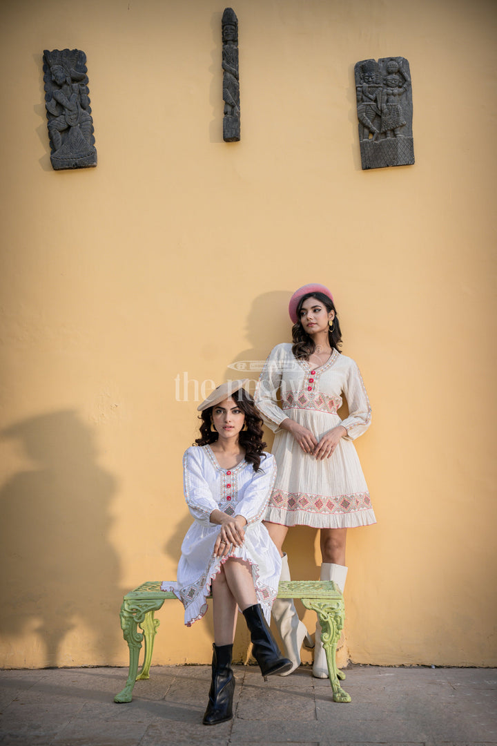 The Nesavu Womens Flared Kurthas Elegant White Flared Kurtha for Women with Festive Red Embroidery Nesavu Womens White Georgette Party Kurtha Red Festive Embroidery Christmas | The Nesavu