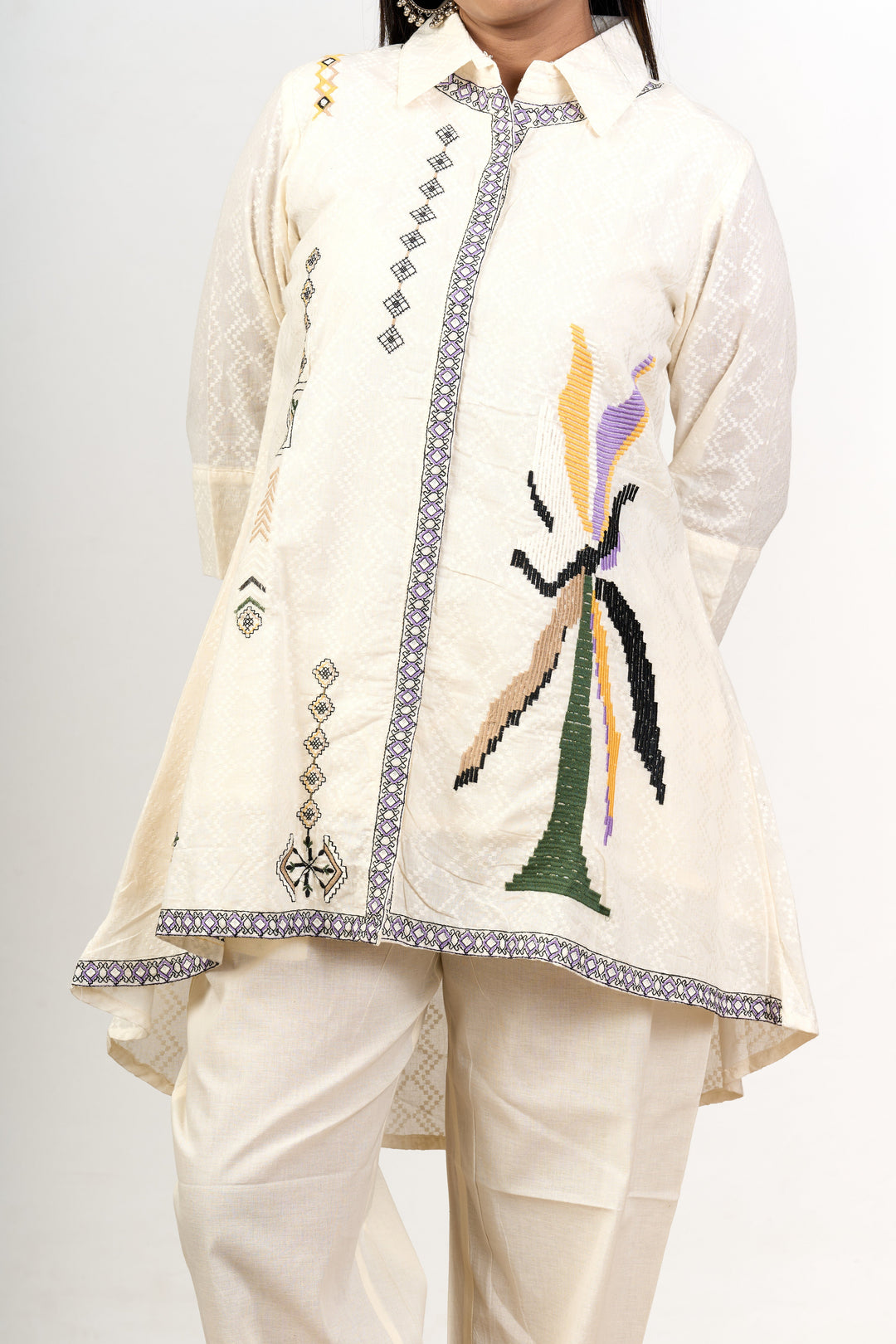 The Nesavu Womens Co-Ord Sets Elegant Women’S Knitted Co-Ord Trouser Set with Intricate Designs and Classic Appeal Nesavu Womens Knitted Co-Ord Trouser Set Geometric Embroidery Cotton Comfort - | The Nesavu