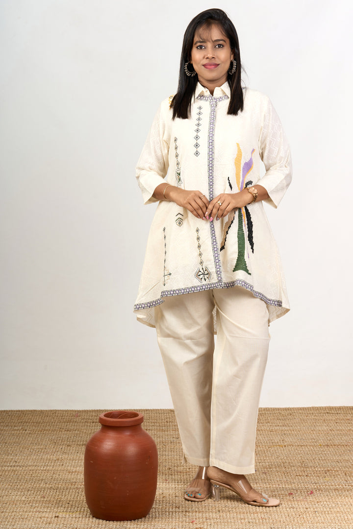 The Nesavu Womens Co-Ord Sets Elegant Women’S Knitted Co-Ord Trouser Set with Intricate Designs and Classic Appeal Nesavu Womens Knitted Co-Ord Trouser Set Geometric Embroidery Cotton Comfort - | The Nesavu