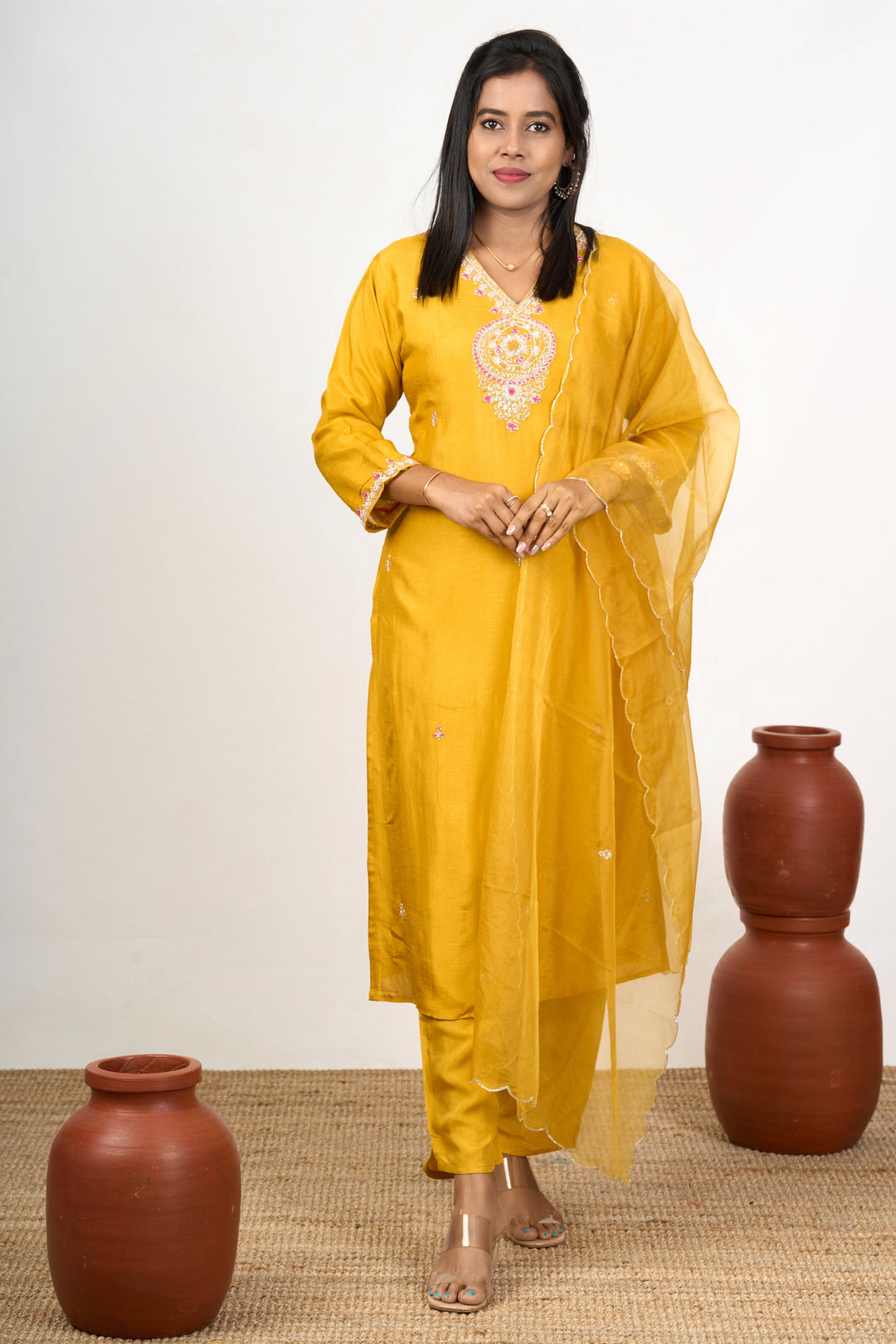 The Nesavu Womens Straight Suit Sets Elegant Women'S Smart Casual Outfit Set in Art Silk with Intricate Embroidery Nesavu Women'S Smart Casual Art Silk Outfit Embroidery Dupatta | The Nesavu