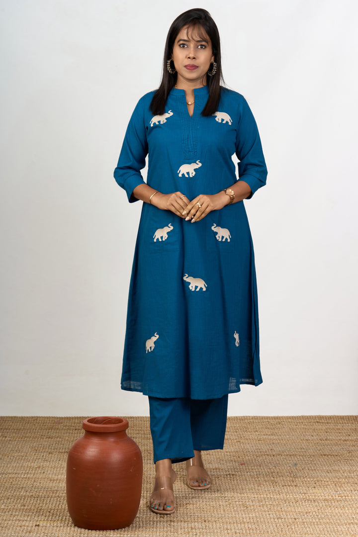 The Nesavu Womens Flared Kurthas Elegant Womens Blue Cotton Flared Kurta with Embroidered Elephant Motifs Nesavu 38 (M) / Blue WTW045B-38 Blue Cotton Flared Kurta Elephant Motif Embroidery Women Nesavu