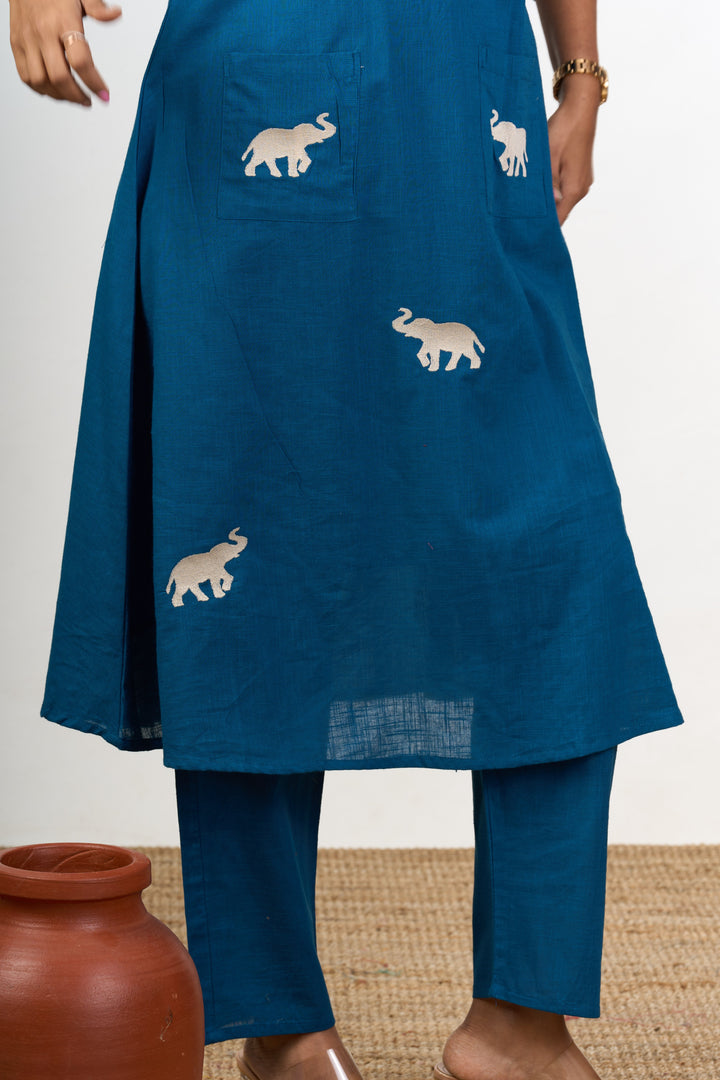 The Nesavu Womens Flared Kurthas Elegant Womens Blue Cotton Flared Kurta with Embroidered Elephant Motifs Nesavu Blue Cotton Flared Kurta Elephant Motif Embroidery Women Nesavu