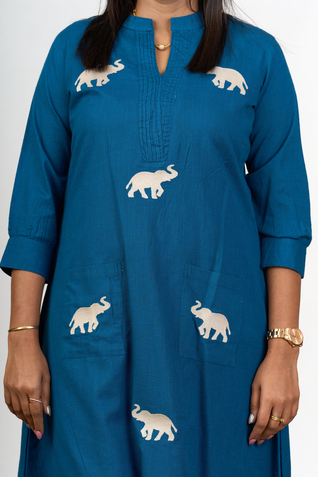 The Nesavu Womens Flared Kurthas Elegant Womens Blue Cotton Flared Kurta with Embroidered Elephant Motifs Nesavu Blue Cotton Flared Kurta Elephant Motif Embroidery Women | The Nesavu