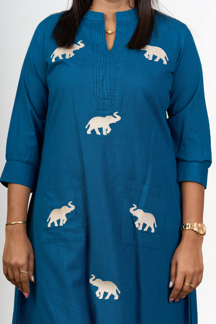 The Nesavu Womens Flared Kurthas Elegant Womens Blue Cotton Flared Kurta with Embroidered Elephant Motifs Nesavu Blue Cotton Flared Kurta Elephant Motif Embroidery Women | The Nesavu