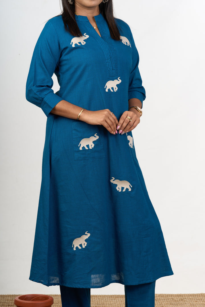 The Nesavu Womens Flared Kurthas Elegant Womens Blue Cotton Flared Kurta with Embroidered Elephant Motifs Nesavu Blue Cotton Flared Kurta Elephant Motif Embroidery Women | The Nesavu