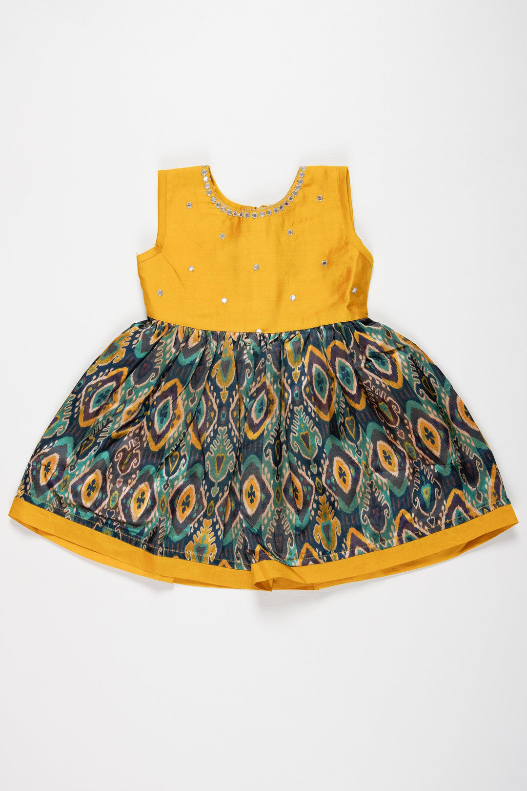 The Nesavu Girls Cotton Frock Elegant Yellow and Teal Chanderi Cotton Frock for Girls Nesavu 16 (1Y) / Blue / Blend Silk GFC1313A-16 Buy Girls Yellow Chanderi Cotton Ethnic Frock | Teal Printed Frock | The Nesavu