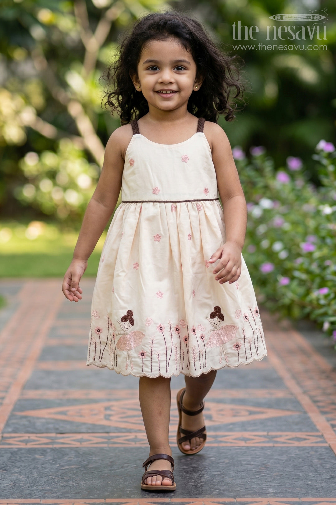 The Nesavu Girls Cotton Frock Elegant Yellow Cotton Frock for Girls with Embroidery and Ballerina Motifs Nesavu 20 (3Y) / Yellow GFC1614B-20 Yellow Cotton Frock Girls Embroidery Ballerina Motifs | The Nesavu