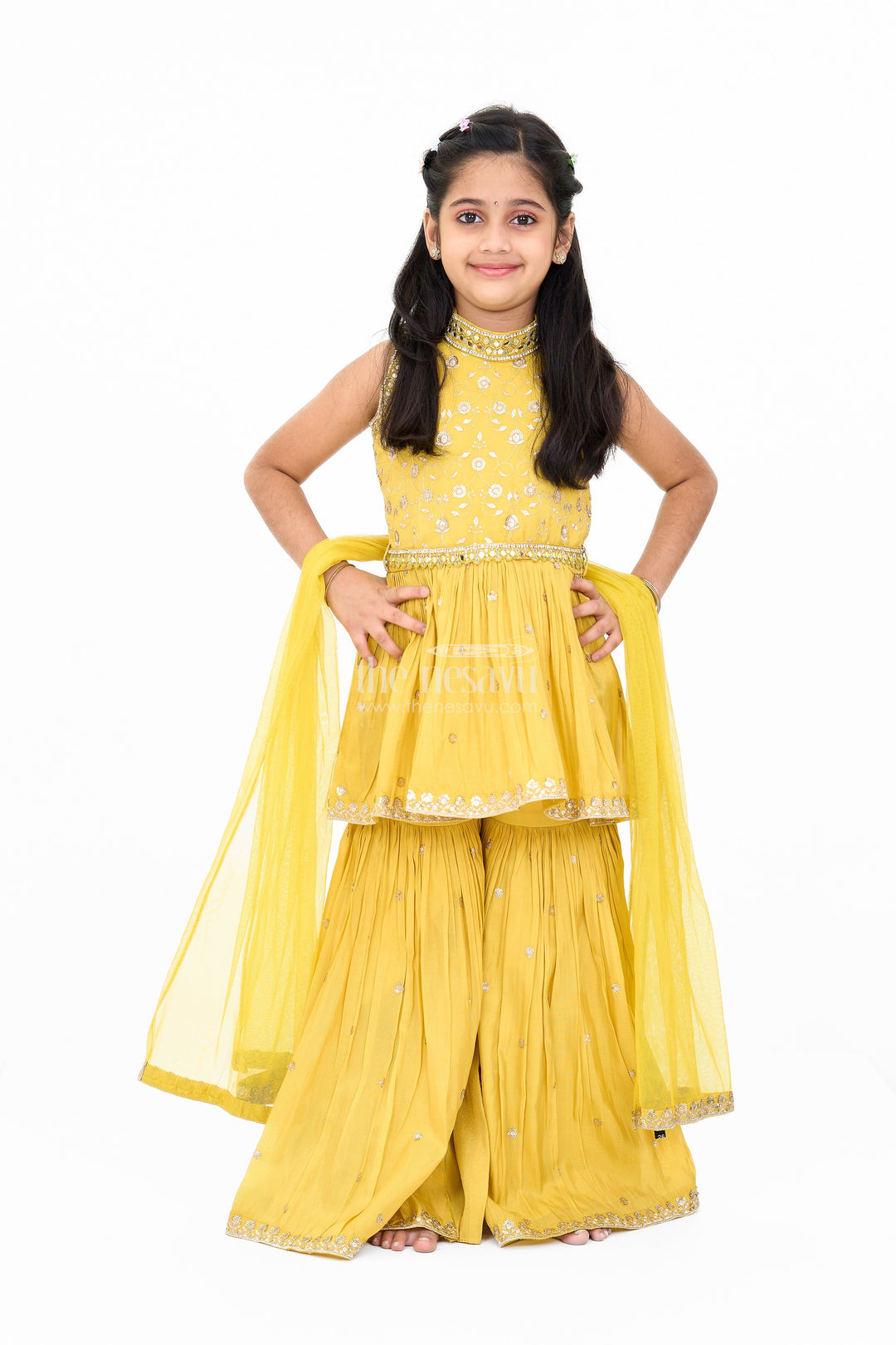 The Nesavu Girls Sharara / Plazo Set Elegant Yellow Georgette Girls Sharara Set with Sequin Embroidery and Peplum Top Nesavu 24 (5Y) / Yellow GPS496A-24 Yellow Georgette Girls Sharara Set Sequin Embroidery Peplum Top | The Nesavu