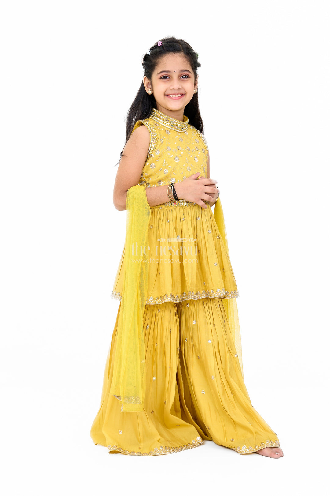 The Nesavu Girls Sharara / Plazo Set Elegant Yellow Georgette Girls Sharara Set with Sequin Embroidery and Peplum Top Nesavu Yellow Georgette Girls Sharara Set Sequin Embroidery Peplum Top | The Nesavu