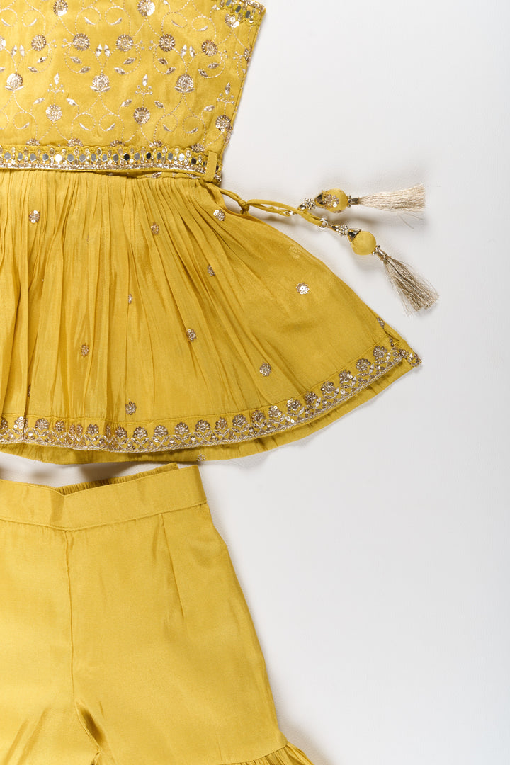 The Nesavu Girls Sharara / Plazo Set Elegant Yellow Georgette Girls Sharara Set with Sequin Embroidery and Peplum Top Nesavu Yellow Georgette Girls Sharara Set Sequin Embroidery Peplum Top | The Nesavu