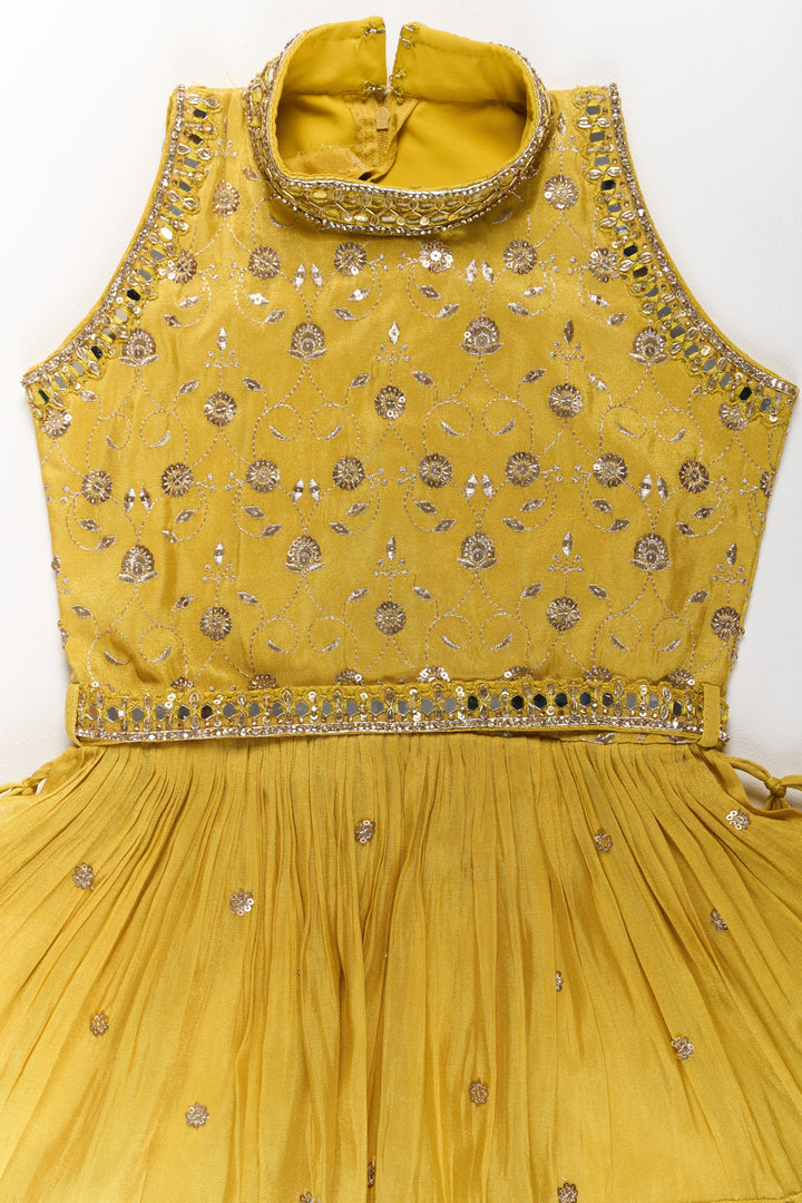 The Nesavu Girls Sharara / Plazo Set Elegant Yellow Georgette Girls Sharara Set with Sequin Embroidery and Peplum Top Nesavu Yellow Georgette Girls Sharara Set Sequin Embroidery Peplum Top | The Nesavu