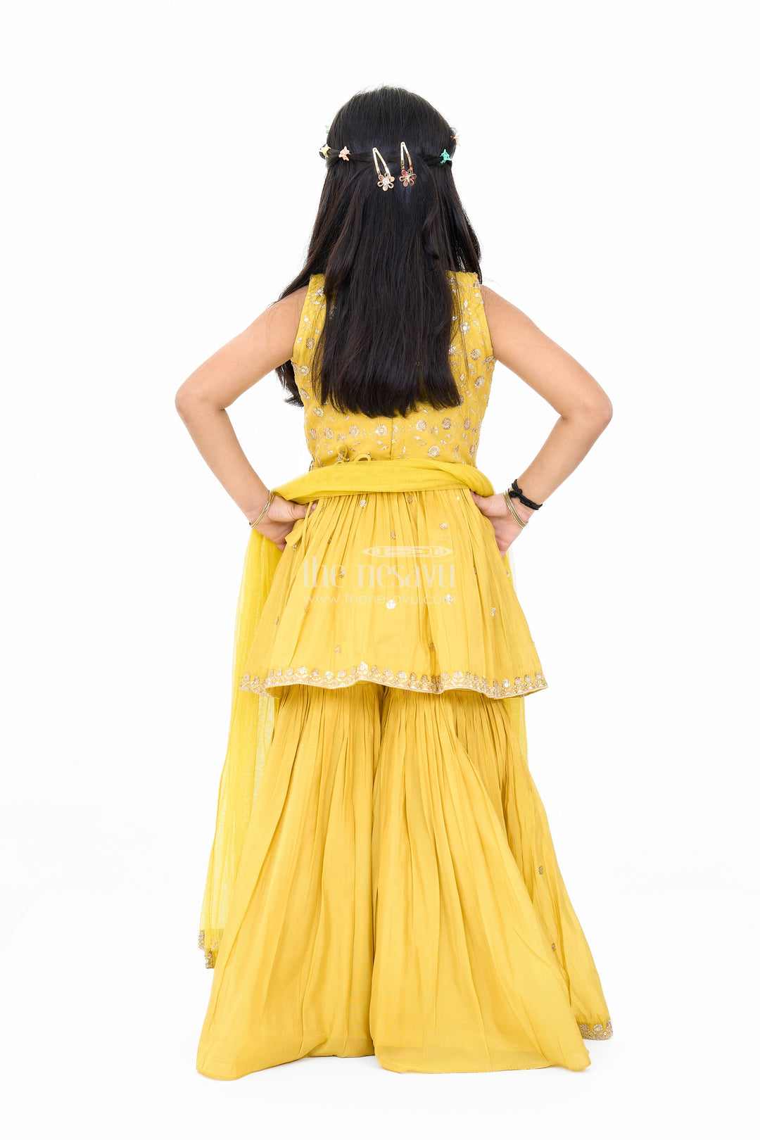 The Nesavu Girls Sharara / Plazo Set Elegant Yellow Georgette Girls Sharara Set with Sequin Embroidery and Peplum Top Nesavu Yellow Georgette Girls Sharara Set Sequin Embroidery Peplum Top | The Nesavu