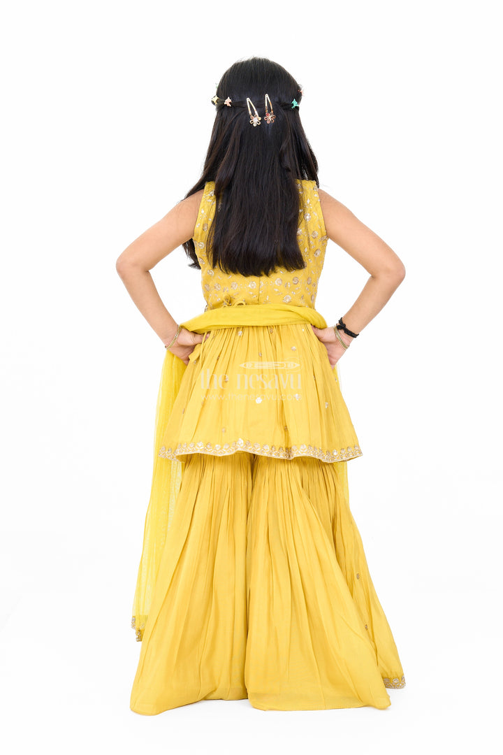 The Nesavu Girls Sharara / Plazo Set Elegant Yellow Georgette Girls Sharara Set with Sequin Embroidery and Peplum Top Nesavu Yellow Georgette Girls Sharara Set Sequin Embroidery Peplum Top | The Nesavu