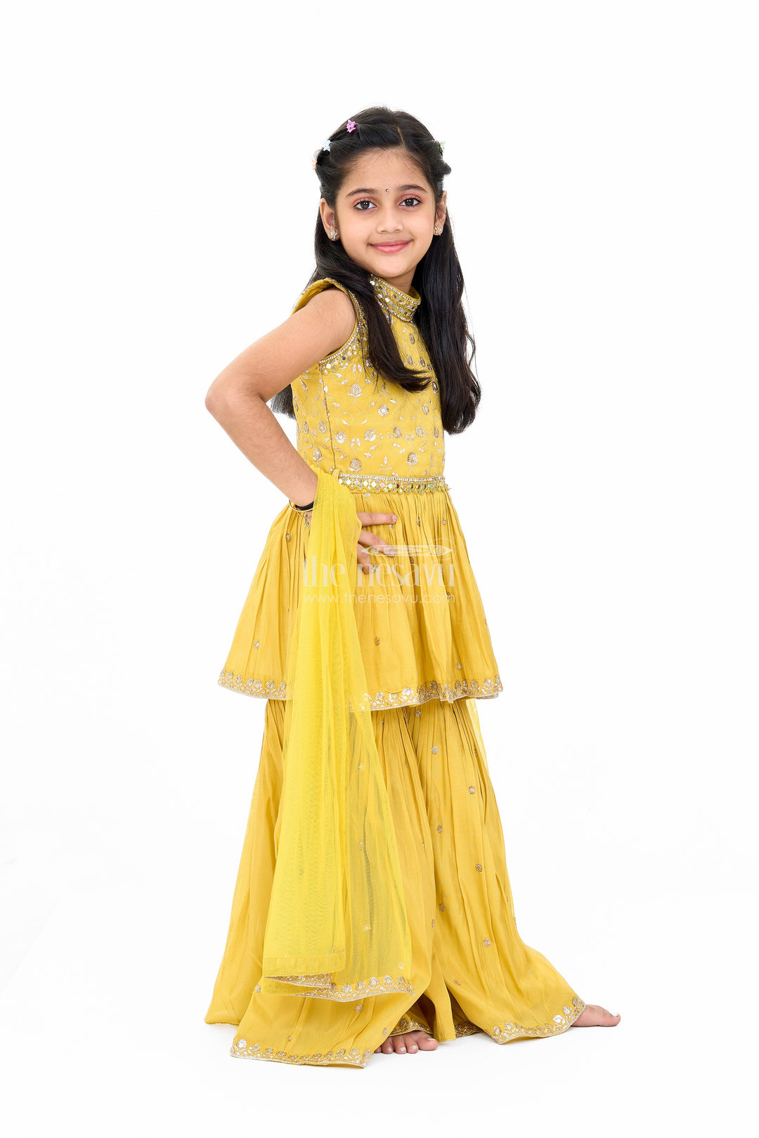 The Nesavu Girls Sharara / Plazo Set Elegant Yellow Georgette Girls Sharara Set with Sequin Embroidery and Peplum Top Nesavu Yellow Georgette Girls Sharara Set Sequin Embroidery Peplum Top | The Nesavu