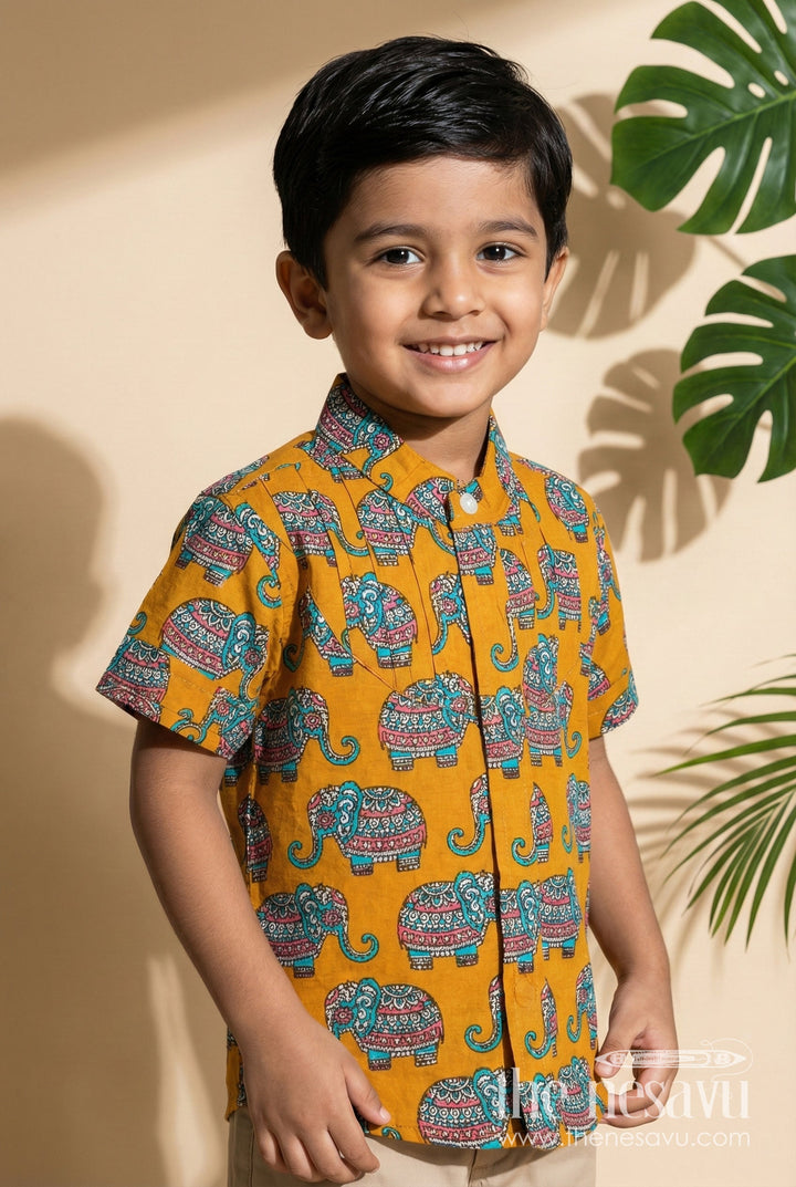 The Nesavu Boys Cotton Shirt Elephant Motif Cotton Shirt for Boys Rich Mustard with Traditional Art Style Nesavu 16 (1Y) / Orange BS274A-16 Nesavu Boys Cotton Shirt Elephant Print Mustard Yellow Traditional Artistic Design