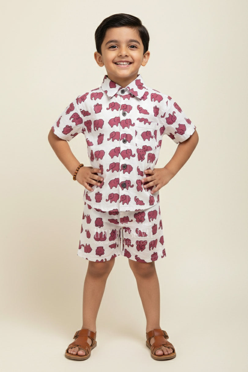 The Nesavu Boys Casual Set Elephant Print Cotton Set for Toddler Boys' Summer Wardrobe Nesavu 16 (1Y) / Maroon BCS407A-16 Nesavu toddler boys cotton co-ord set cute elephant print  breathable outfit summer days