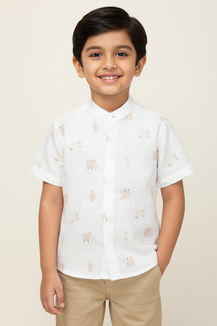The Nesavu Boys Cotton Shirt Elephant Print Shirt Boys in Muslin Cotton with Digital Safari-Themed Pattern for Comfortable Everyday Wear Nesavu 16 (1Y) / White BS291A-16 Nesavu Elephant Print Shirt Boys Muslin Cotton Digital Safari Motif Soft Summer Feel