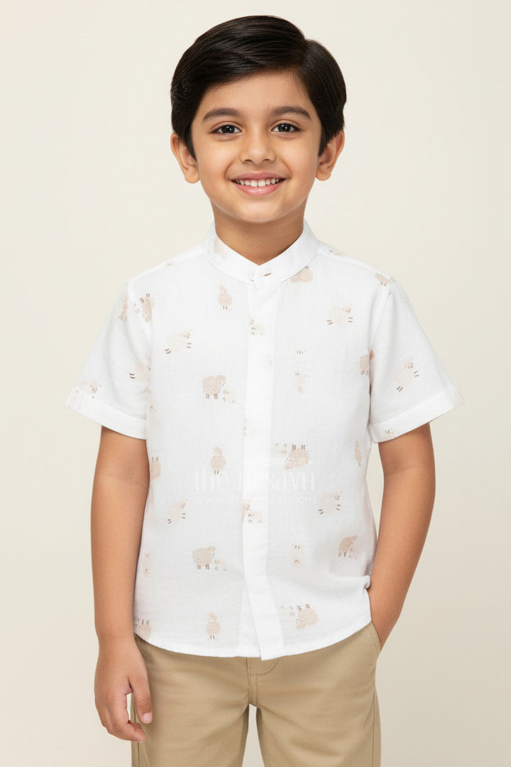 The Nesavu Boys Cotton Shirt Elephant Print Shirt Boys in Muslin Cotton with Digital Safari-Themed Pattern for Comfortable Everyday Wear Nesavu 16 (1Y) / White BS291A-16 Nesavu Elephant Print Shirt Boys Muslin Cotton Digital Safari Motif Soft Summer Feel