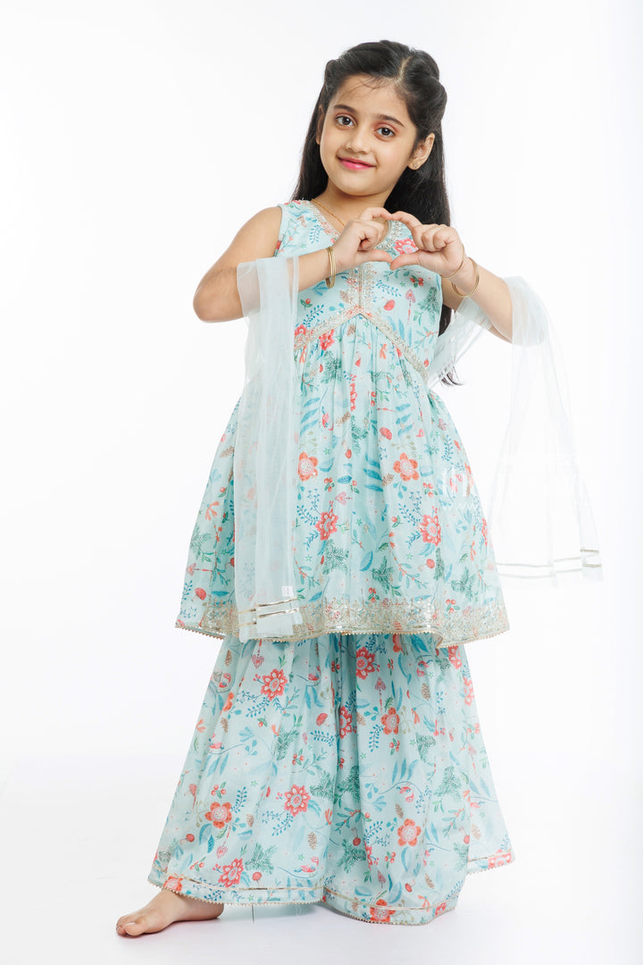 The Nesavu Girls Sharara / Plazo Set Elevate Her Festive Look with Girls Diwali Kurti and Sharara Sets Nesavu 16 (1Y) / Blue / Chinnon GPS265C-16 Shop the Latest Diwali Kurti and Sharara for Girls | Traditional and Colorful | The Nesavu