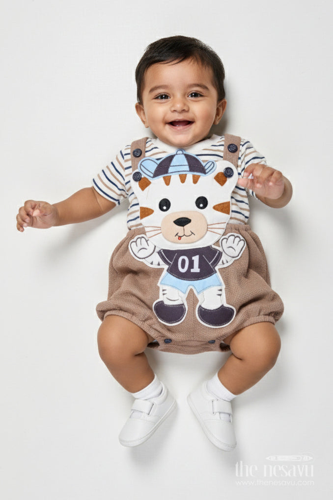 The Nesavu Baby Dungarees Embroidered Baby Dungaree Set for Playtime and All-day Comfort Nesavu 14 (6M) / Brown BCS517A-14 Nesavu baby dungaree set animal embroidery  cotton outfit playtime daily comfort