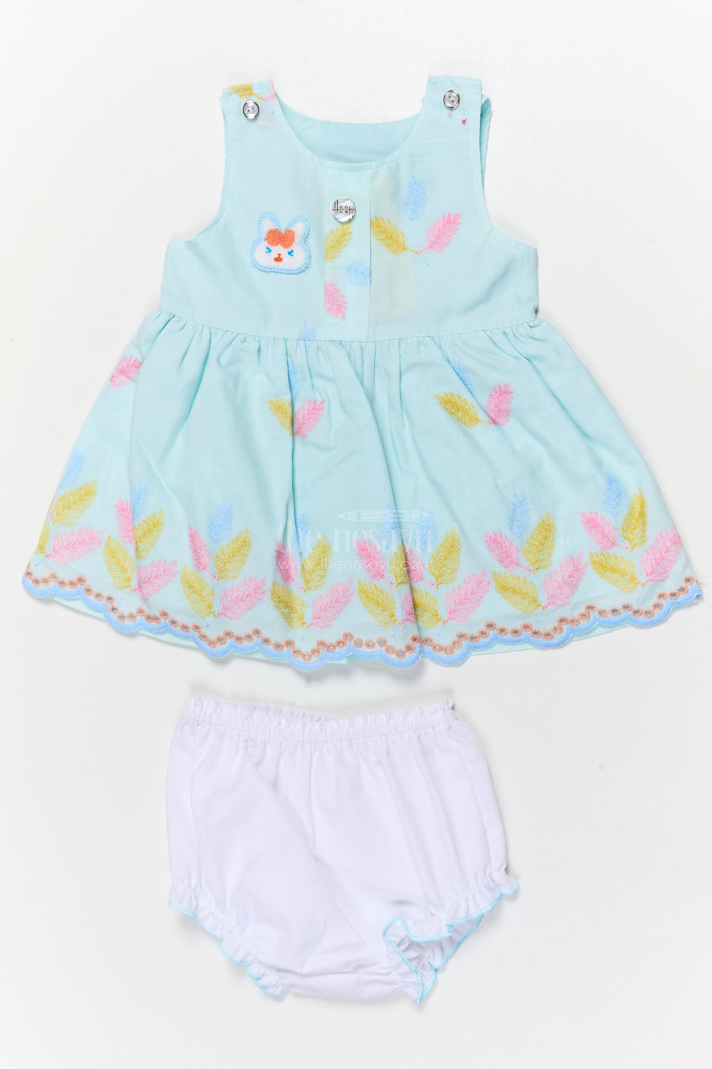 The Nesavu Baby Cotton Frocks Embroidered Baby Frock and Bloomer Set with Playful Leaf Detailing Nesavu 14 (6M) / Turquoise / Cotton Blend BFJ850F-14 Baby frock and bloomer set with multicolor leaf embroidery and character motif