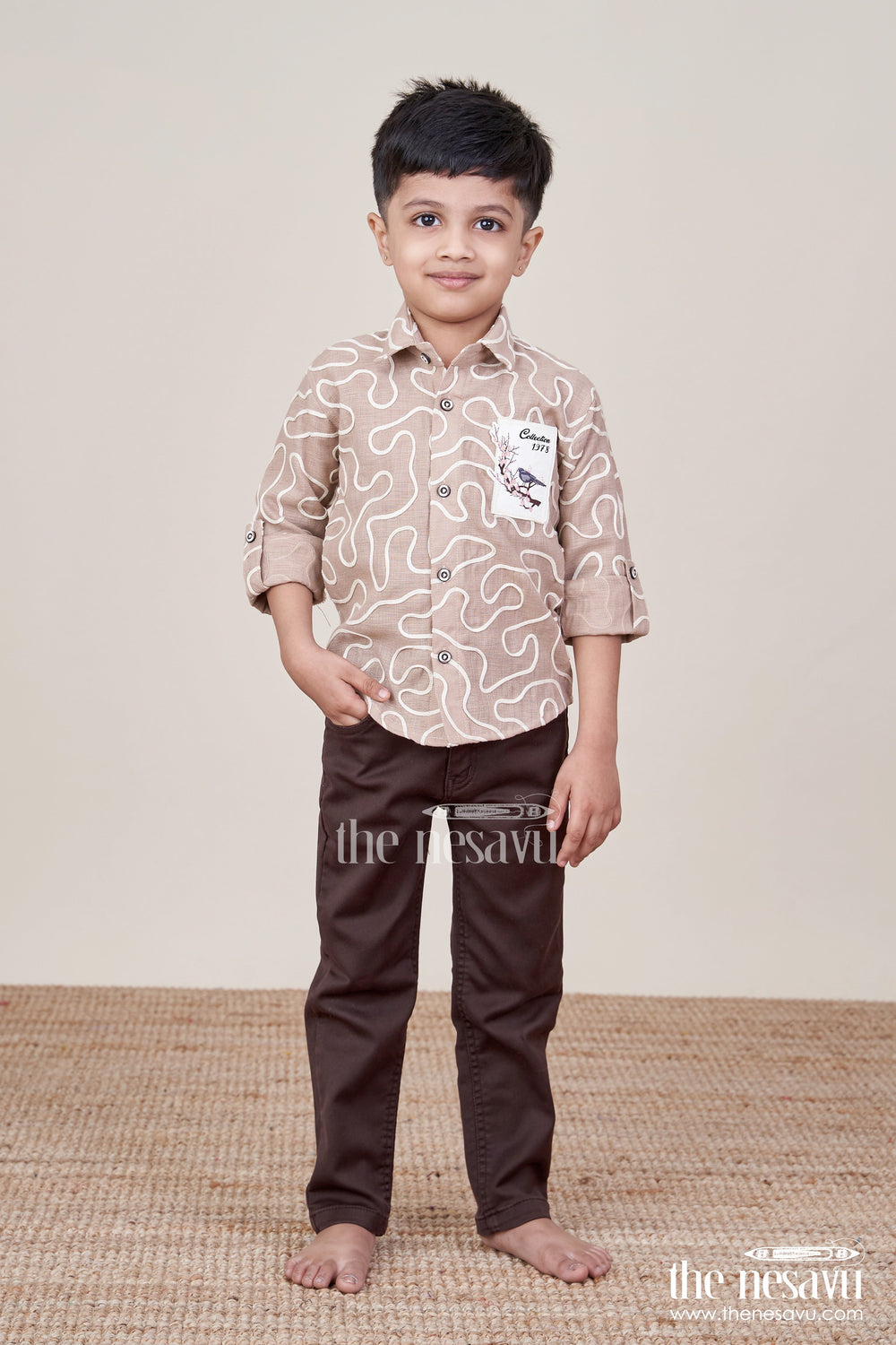 The Nesavu Boys Casual Set Embroidered Boys Casual Shirt and Trouser Set Smart and Breathable Daywear Nesavu Nesavu boys casual cotton outfit embroidery dark trousers  everyday style