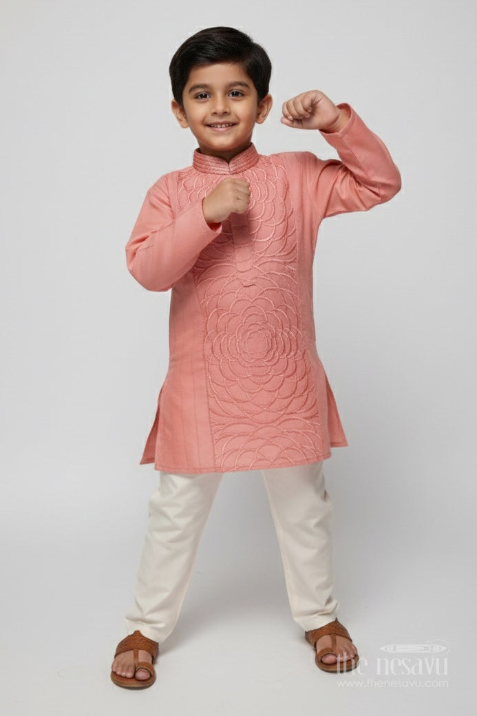 The Nesavu Boys Kurtha Set Embroidered Boys Kurta Set In Silk Cotton for Celebrations and Functions Nesavu 18 (2Y) / Peach BES765A-18 Nesavu embroidered boys kurta set silk cotton perfect festive wear wedding functions