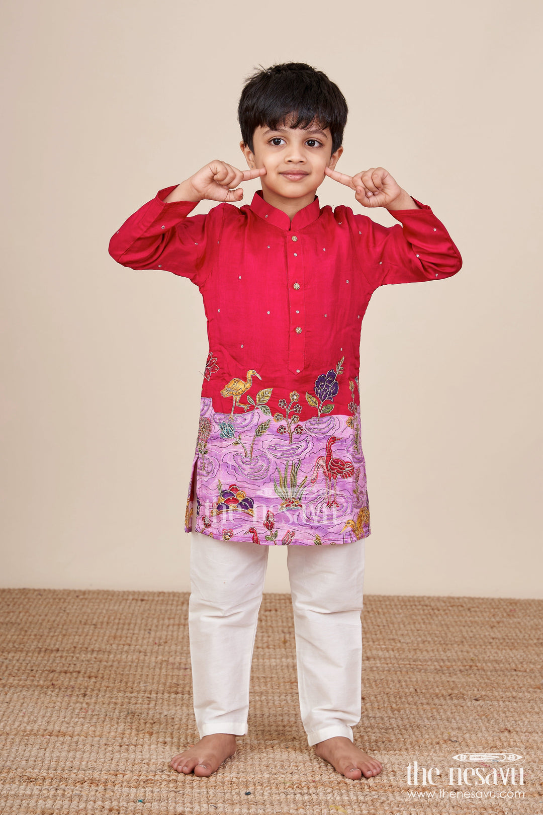 The Nesavu Boys Kurtha Set Embroidered Boys Kurta Set with Animal and Lotus Motifs for Cultural Events Nesavu 16 (1Y) / Brown BES851A-16 Nesavu boys embroidered kurta pajama set scenic lotus bird motifs  ethnic festive wear
