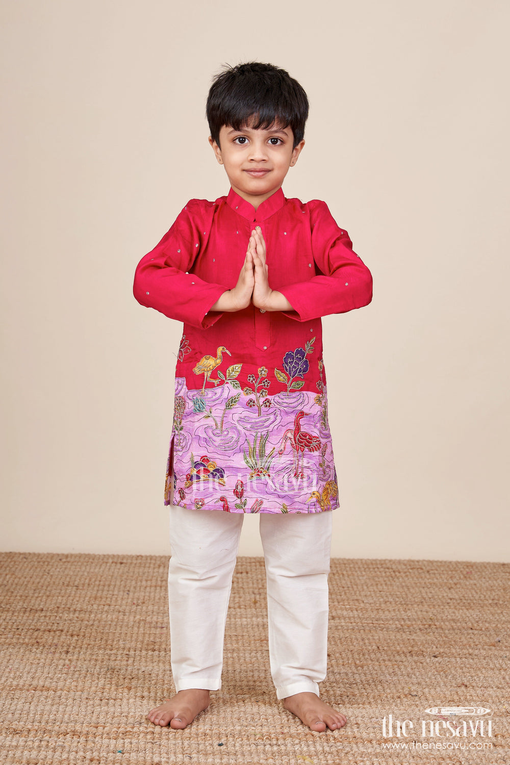 The Nesavu Boys Kurtha Set Embroidered Boys Kurta Set with Animal and Lotus Motifs for Cultural Events Nesavu Nesavu boys embroidered kurta pajama set scenic lotus bird motifs  ethnic festive wear