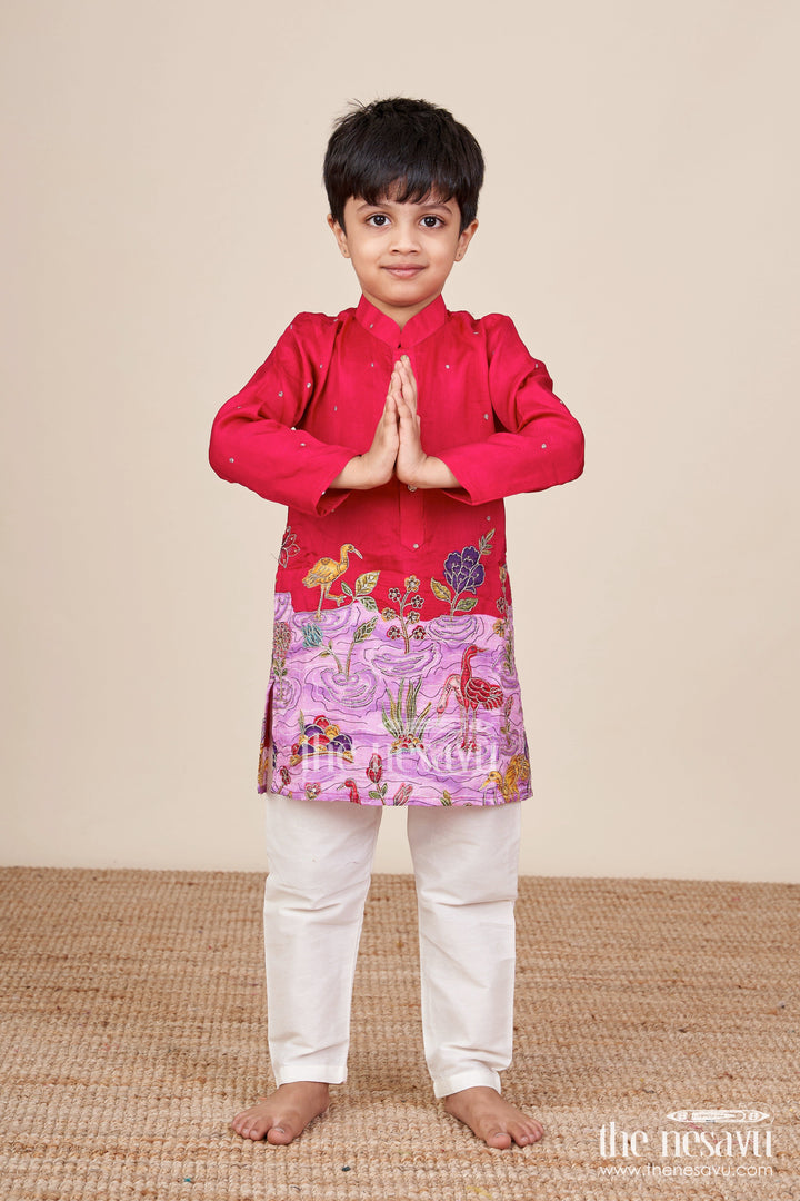 The Nesavu Boys Kurtha Set Embroidered Boys Kurta Set with Animal and Lotus Motifs for Cultural Events Nesavu Nesavu boys embroidered kurta pajama set scenic lotus bird motifs  ethnic festive wear