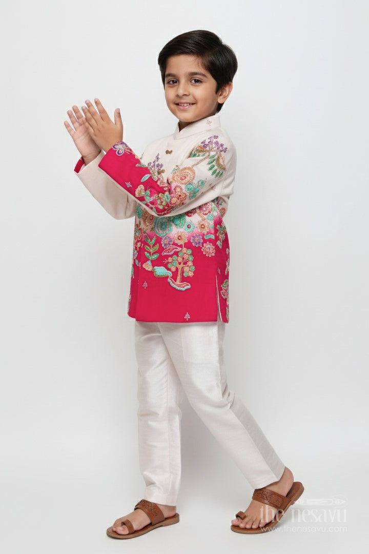 The Nesavu Boys Sherwani Embroidered Boys Sherwani Set for Festive Weddings and Cultural Functions Nesavu 16 (1Y) / Half white BES849A-16 Nesavu boys sherwani sequin embroidery placement print weddings festive events