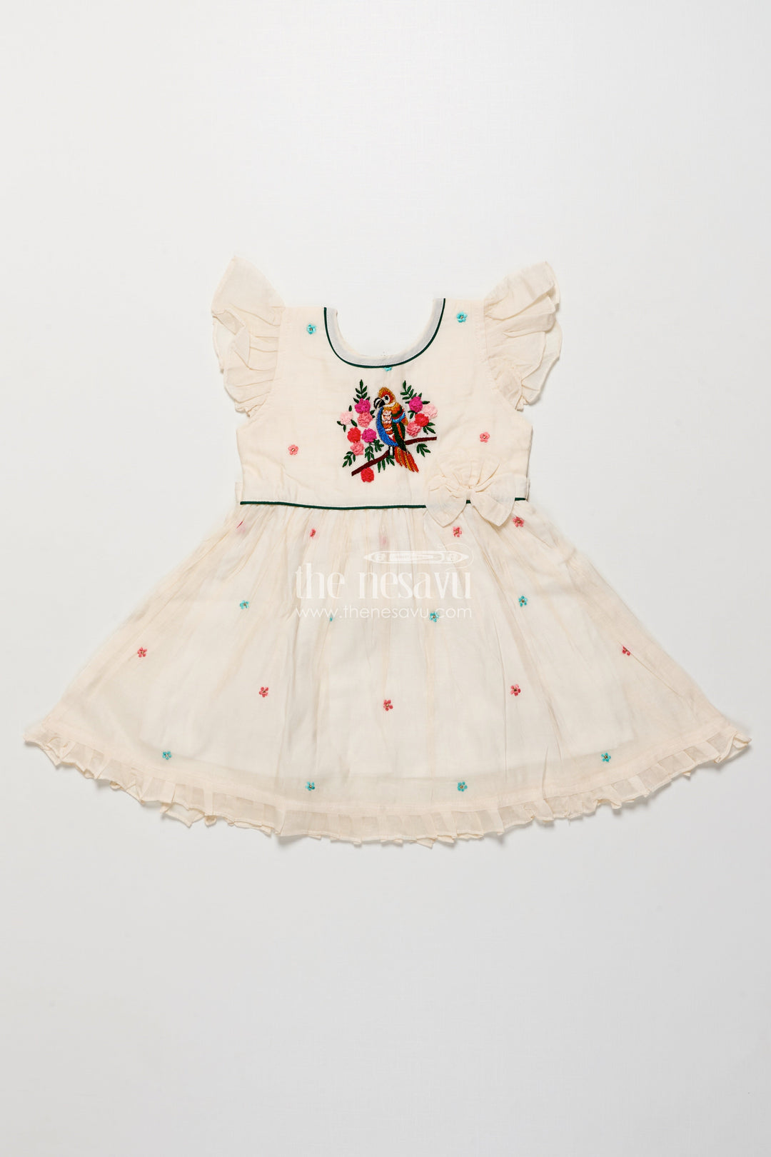 The Nesavu Girls Chanderi Frock Embroidered Chanderi Frock for Girls Perfect for Festive Occasions Nesavu 16 (1Y) / White GFC1984A-16 Nesavu Chanderi frock girls parrot embroidery  ideal festive cultural events
