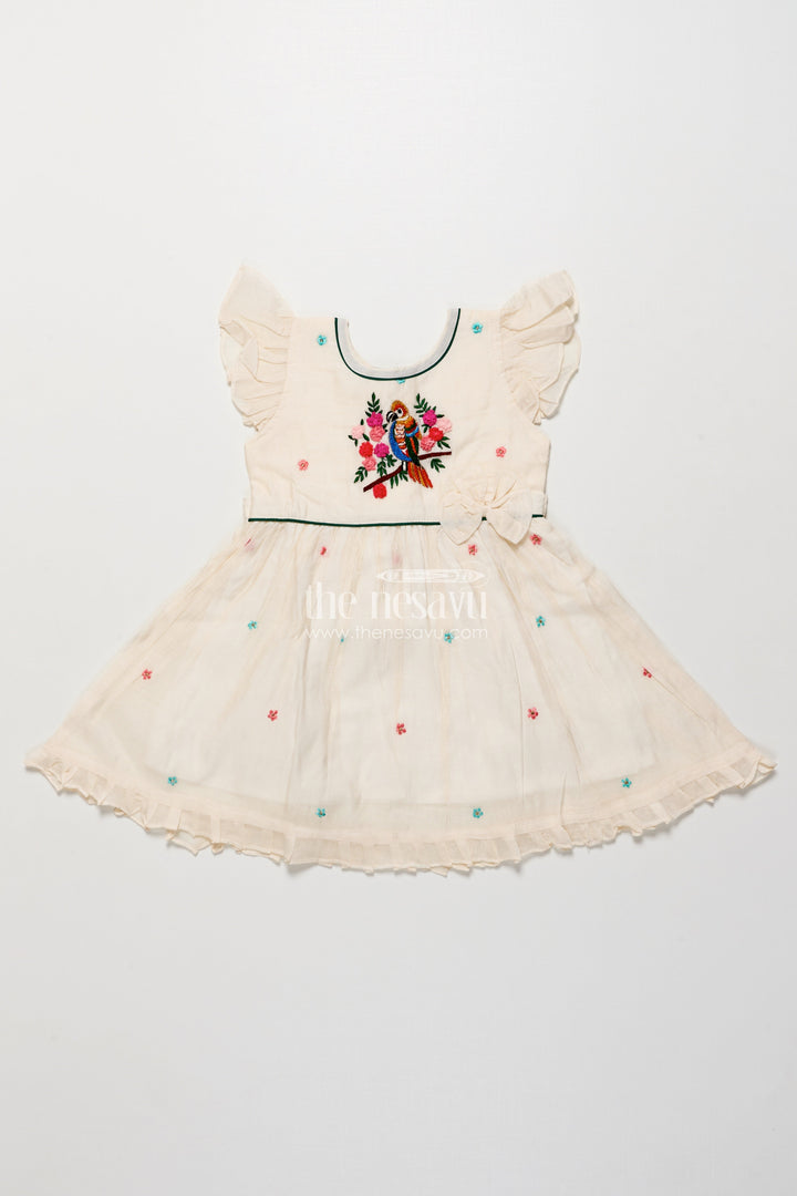 The Nesavu Girls Chanderi Frock Embroidered Chanderi Frock for Girls Perfect for Festive Occasions Nesavu 16 (1Y) / White GFC1984A-16 Nesavu Chanderi frock girls parrot embroidery  ideal festive cultural events