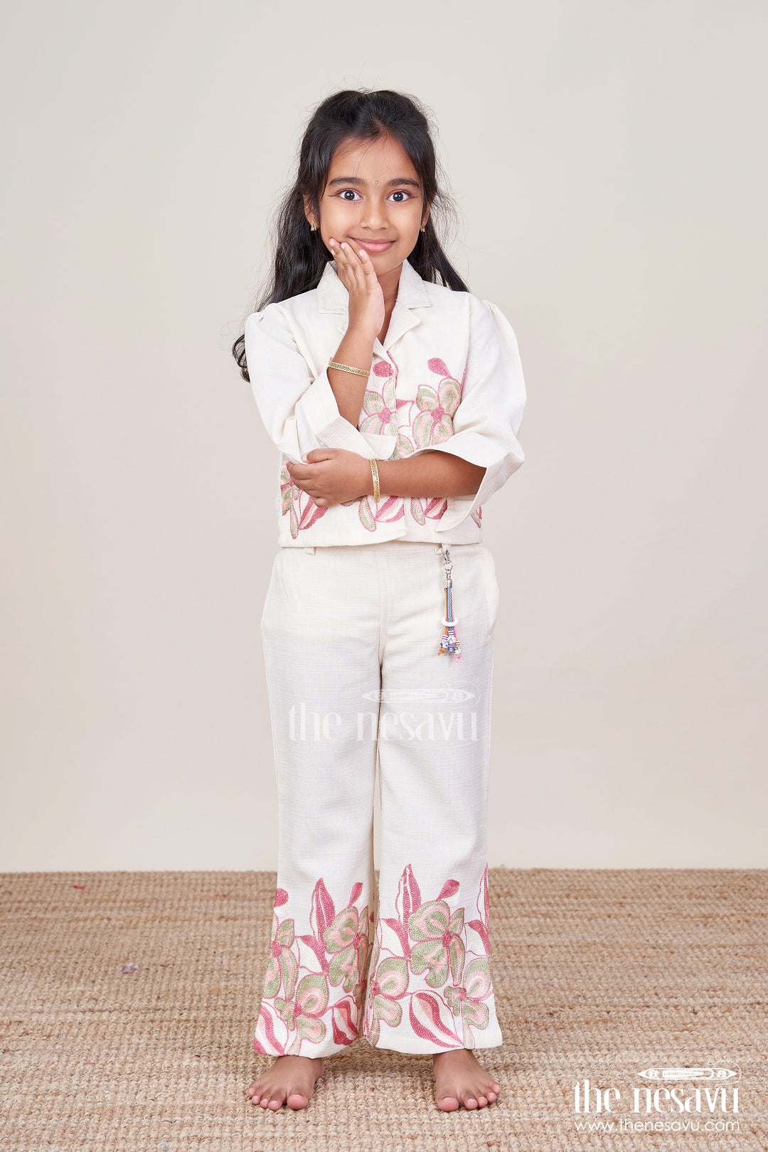 The Nesavu Girls Casual Set Embroidered Cotton Co-Ord Set for Girls with Casual Shirt and Pant Comfy Festive Pick Nesavu 18 (2Y) / Pink GPS858B-18 Girls embroidered shirt pant cotton set  Nesavu ethnic casual collection