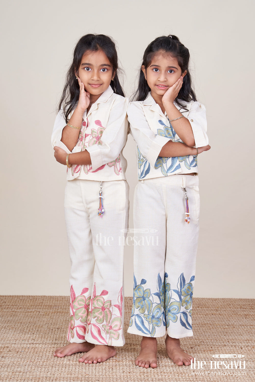 The Nesavu Girls Casual Set Embroidered Cotton Co-Ord Set for Girls with Casual Shirt and Pant Comfy Festive Pick Nesavu Girls embroidered shirt pant cotton set  Nesavu ethnic casual collection
