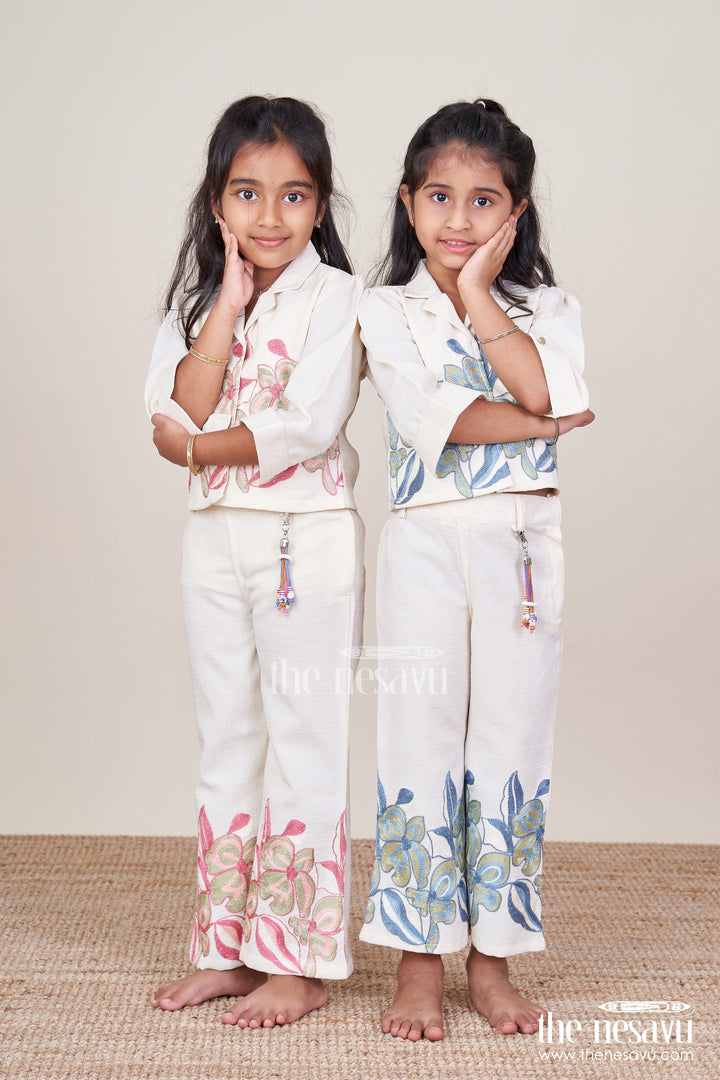 The Nesavu Girls Casual Set Embroidered Cotton Co-Ord Set for Girls with Casual Shirt and Pant Comfy Festive Pick Nesavu Girls embroidered shirt pant cotton set  Nesavu ethnic casual collection