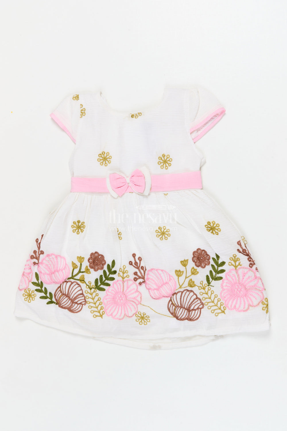The Nesavu Girls Cotton Frock Embroidered Cotton Frock for Baby Girls’ Weekend Outings Nesavu 14 (6M) / Half white / Cotton BFJ919A-14 Nesavu cotton frock for baby girls with floral embroidery and bow detail – weekend wear