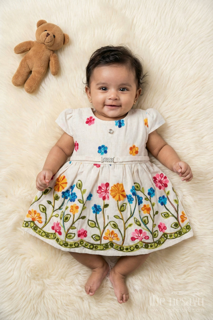 The Nesavu Baby Cotton Frocks Embroidered Cotton Frock for Baby Girls with Floral Detailing Nesavu 14 (6M) / Multicolor BFJ899A-14 Nesavu baby girl embroidered cotton frock with floral threadwork