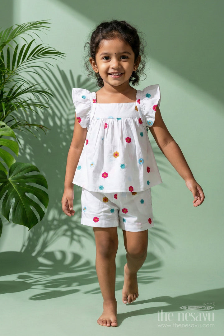 The Nesavu Girls Cotton Frock Embroidered Cotton Outfit for Baby Girls Summer Wear Nesavu Nesavu Baby Girl White Cotton Top Shorts Set Pom-Poms Colorful Thread Embroidery